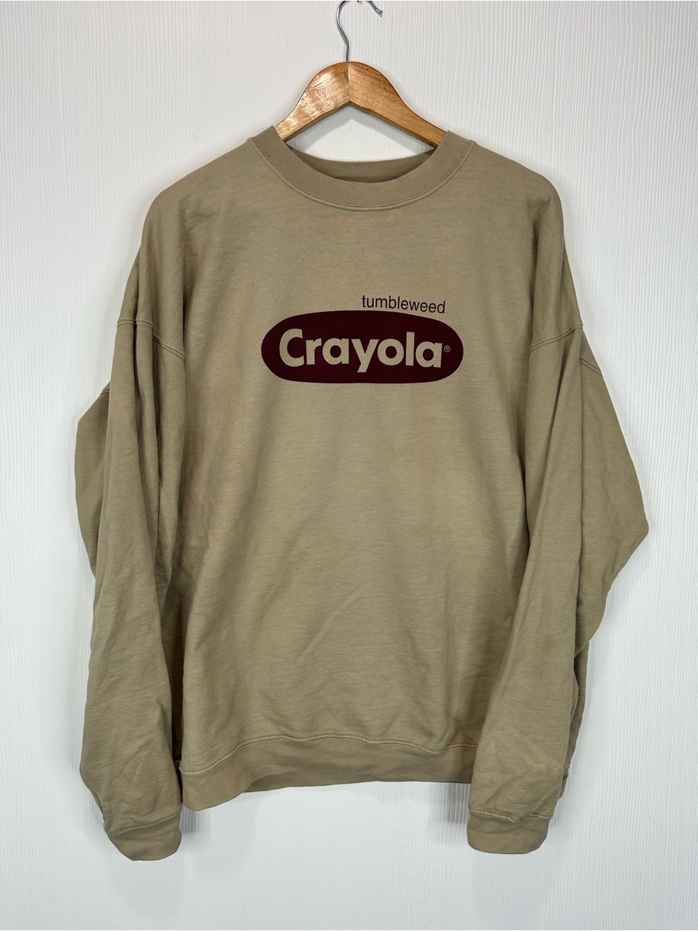 Crayola Tumbleweed Logo Crewneck Sweater - Khaki with Dark Maroon Print